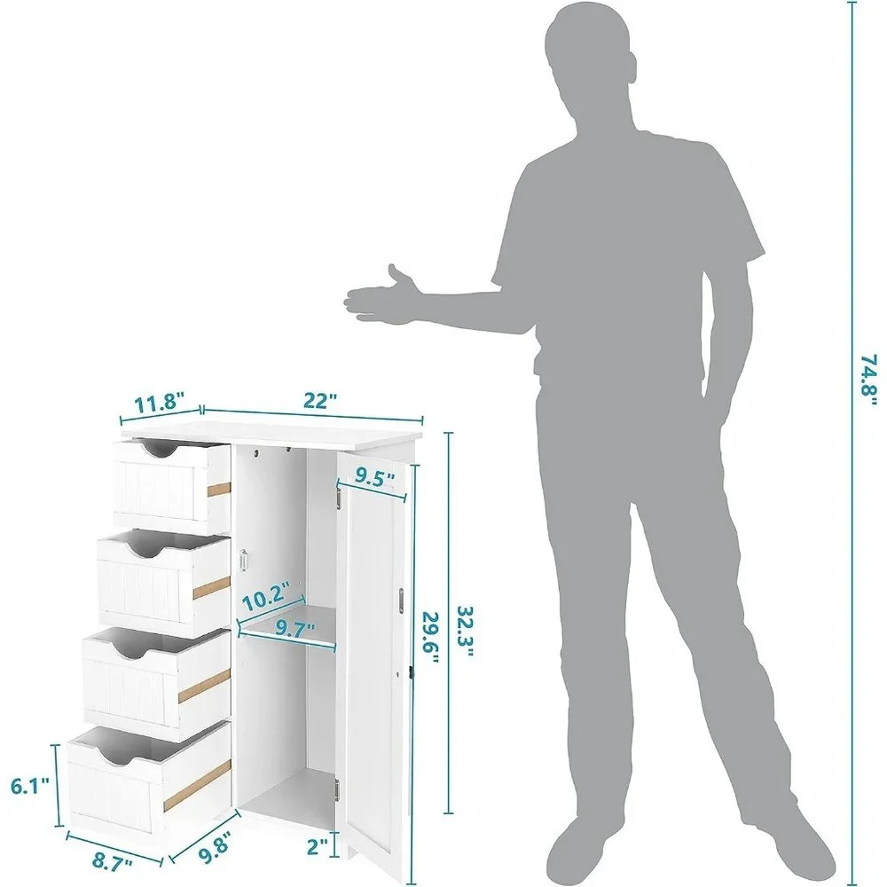 Small Wooden White Storage Cabinet 4 Drawers and 1 Cupboard Adjustable Shelf
